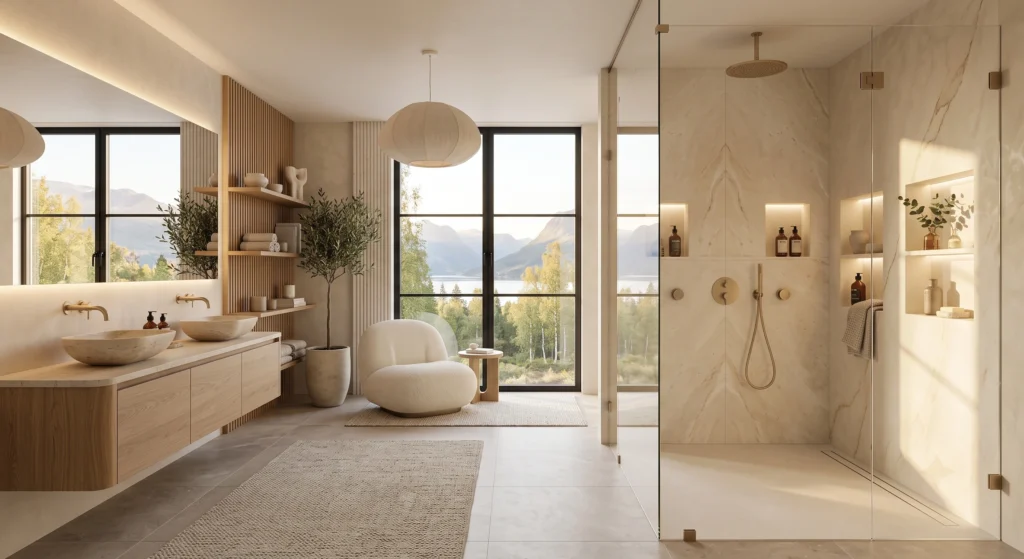 A bright Scandinavian spa bathroom designed with warm white walls, creamy limestone tiles, soft greige flooring, natural oak furniture, ivory linen textiles, and subtle beige accents. The calming neutral palette reflects soft morning sunlight, creating an airy, luxurious, and peaceful Nordic shower space with timeless minimalist styling.