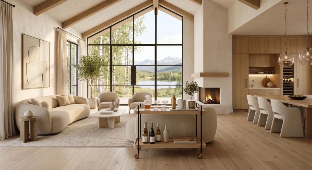 A sophisticated Scandinavian home featuring a minimalist European white oak and matte black steel bar cart positioned beside a luxurious bouclé sofa. The cart displays crystal coupe glasses, a handcrafted decanter, a marble serving tray, a ceramic candle, and a small snake plant, styled with intentional simplicity. Warm layered lighting, panoramic floor-to-ceiling windows, natural oak flooring, handcrafted furniture, and breathtaking Nordic scenery complete the refined open-concept entertaining space.