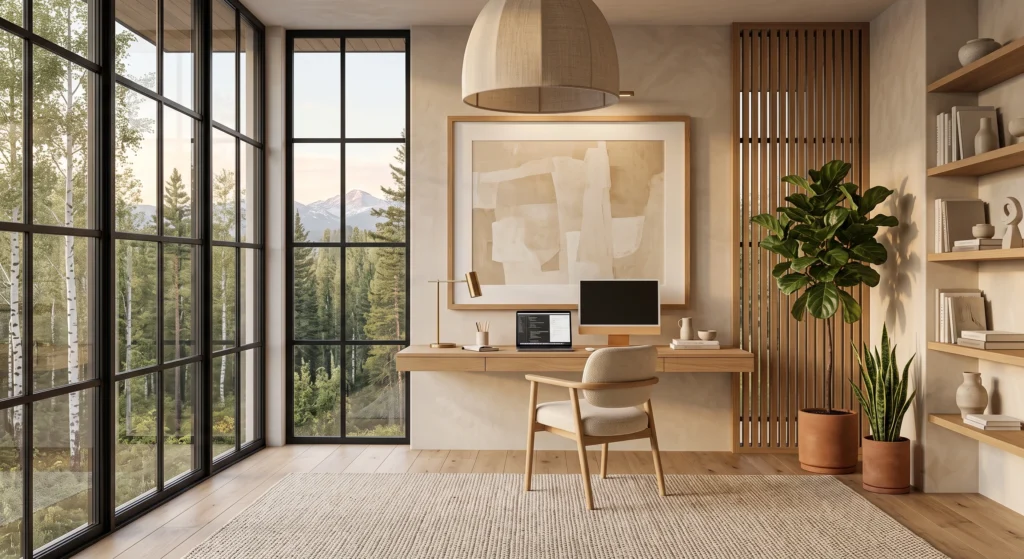 A serene Scandinavian study nook tucked into a quiet corner of the home features a floating European white oak desk, soft Belgian linen chair, warm limewash walls, and floor-to-ceiling windows overlooking a peaceful Nordic birch forest. A subtle room divider creates visual separation while natural light fills the minimalist space, emphasizing calm, focus, and intentional living. Thoughtfully styled with only a ceramic vase, a notebook, and understated wall art, the sanctuary perfectly demonstrates how even a small corner can become a luxurious, distraction-free workspace.