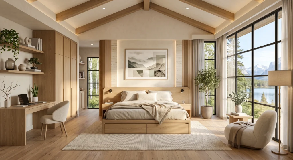 A modern Scandinavian teen bedroom centered around a handcrafted European white oak platform bed with visible natural wood grain and hidden under-bed storage. Soft linen bedding, neutral textiles, and warm oak flooring create a calm atmosphere, while a minimalist reading lamp, floating bedside tables, and oversized abstract artwork complete the timeless Nordic design.