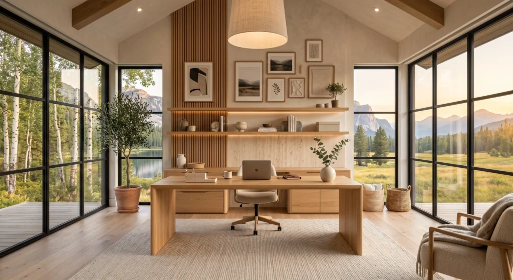 A premium Scandinavian home office showcasing a handcrafted European white oak desk with hidden drawers, integrated cable management, floating oak shelves, and minimalist styling. Natural wood textures, warm linen fabrics, elegant travertine accessories, and clean architectural lines create a timeless Nordic workspace where beautiful craftsmanship meets practical functionality.