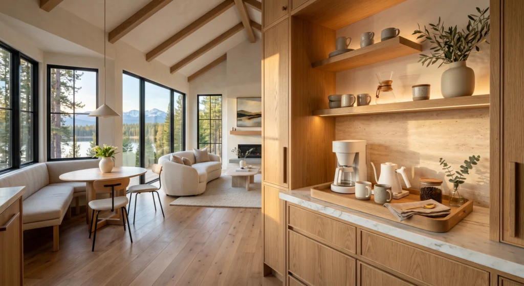A luxury Scandinavian coffee station styled around a handcrafted light oak tray holding a minimalist espresso machine, ceramic coffee bean jar, matching mugs, a brass coffee spoon, and a folded Belgian linen cloth. The tray beautifully defines the coffee zone while the surrounding Calacatta marble countertop remains clean and uncluttered, creating an elegant Nordic morning ritual.