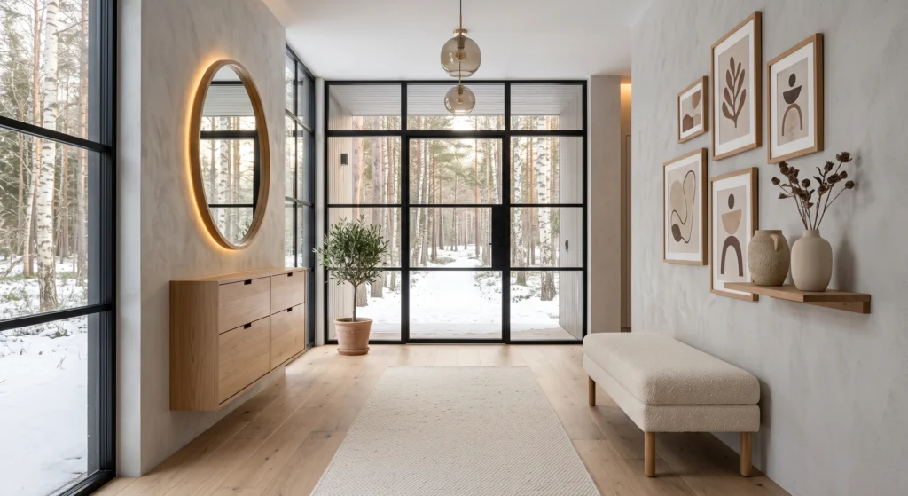 A luxury Scandinavian foyer featuring a sleek floating white oak shoe cabinet with hidden storage, minimalist décor, black steel entrance door, warm oak flooring, oversized mirror, woven baskets, neutral color palette, Architectural Digest interior photography.