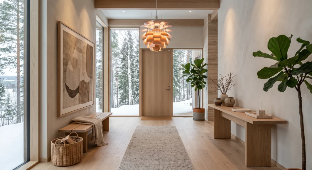 A breathtaking Scandinavian foyer showcasing a dramatic sculptural rattan and smoked glass pendant light suspended above a minimalist oak entryway, oversized mirror, abstract artwork, premium architectural lighting, luxury Nordic interior.