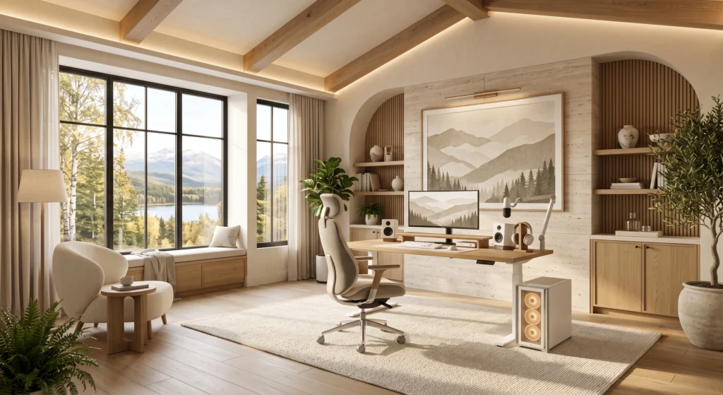 A luxury Scandinavian gaming setup featuring an elegant ergonomic chair upholstered in soft grey bouclé fabric with adjustable armrests and lumbar support. Positioned at a minimalist oak gaming desk, the chair complements the clean Nordic interior with natural materials, warm lighting, and a spacious uncluttered layout designed for comfort during long gaming sessions.