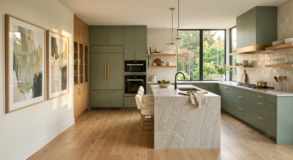 A luxurious Scandinavian kitchen showcasing elegant matte sage green cabinetry, warm oak wood finishes, oversized contemporary wall art, natural stone countertops, and abundant sunlight, creating a calm and timeless Nordic interior.