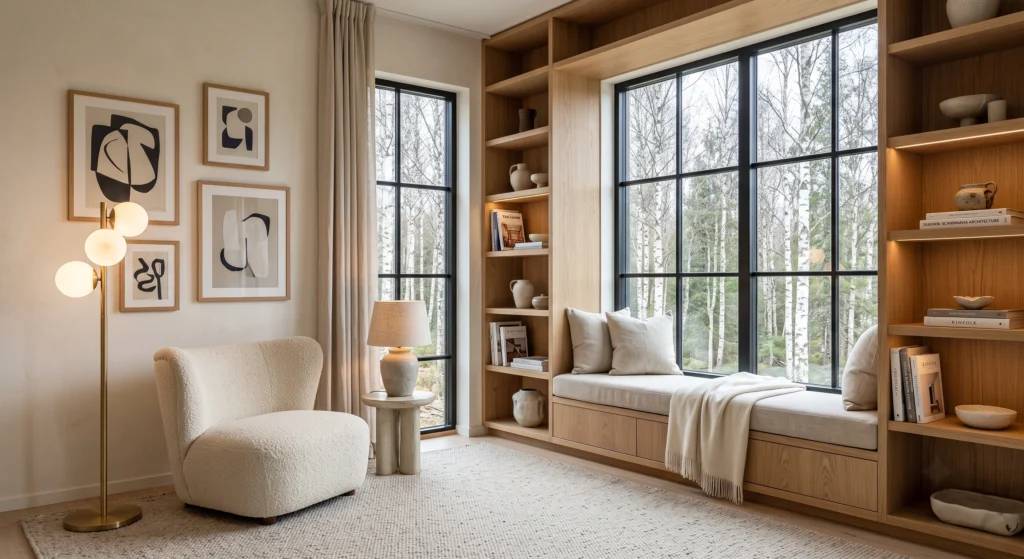 A luxurious Scandinavian reading nook featuring a custom floor-to-ceiling oak bookshelf with floating shelves, warm white walls, cream boucle lounge chair, oversized windows, minimalist décor, and soft natural sunlight creating a calm Nordic atmosphere.