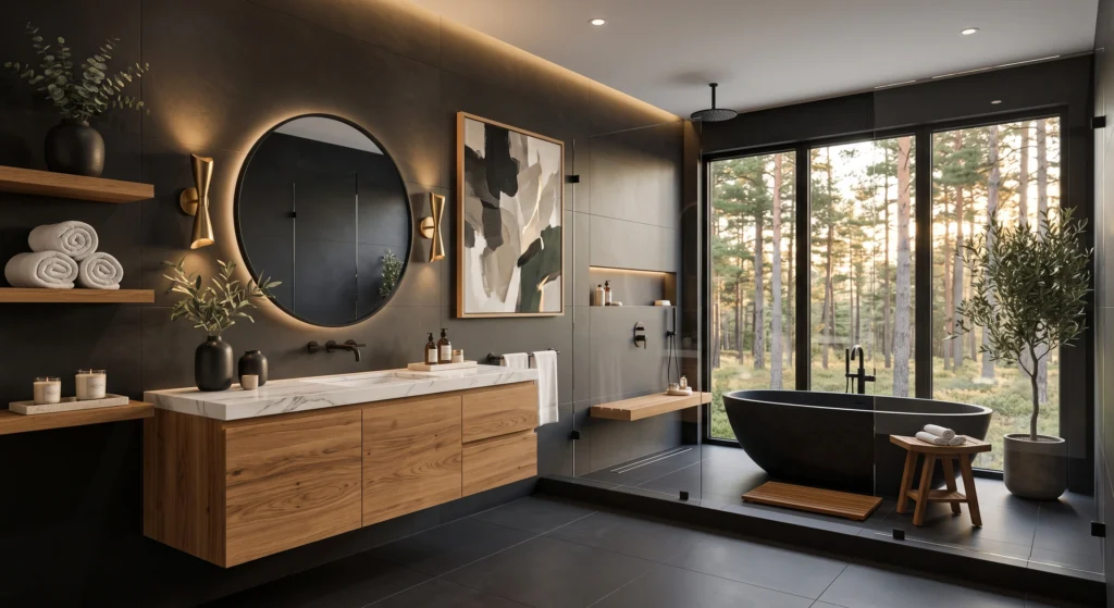 A luxurious Scandinavian bathroom featuring matte charcoal walls, oversized dark tiles, a floating oak vanity, black stone bathtub, and warm layered lighting that creates a cozy Nordic spa atmosphere.