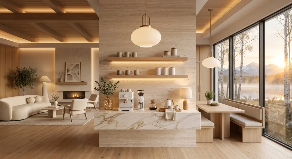 A luxury Scandinavian coffee station glowing under soft layered lighting, featuring a frosted glass pendant lamp, concealed shelf lighting, and a linen table lamp that creates a warm morning atmosphere. The combination of natural sunrise, handcrafted oak cabinetry, marble countertops, and warm lighting transforms the coffee corner into a peaceful Nordic sanctuary.