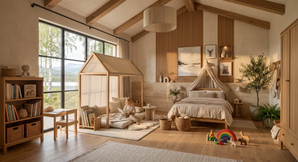 A cozy Scandinavian reading corner featuring a soft Belgian linen canopy tent, plush floor cushions, chunky knit throws, a handwoven wool rug, and a basket filled with beautifully illustrated children's books. Positioned beside large windows overlooking a Nordic forest, the magical reading nook inspires imagination while adding warmth and charm to the minimalist bedroom.