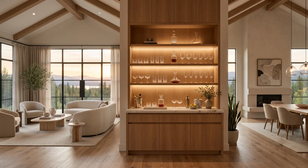 A luxury Scandinavian home bar displaying a carefully curated collection of crystal rocks glasses, coupe glasses, wine glasses, handcrafted decanters, and artisan ceramics arranged on illuminated floating oak shelves. The marble countertop remains mostly clear, highlighting premium craftsmanship and generous negative space. Warm architectural lighting, Italian travertine, oak cabinetry, soft textiles, panoramic windows, and a refined lounge create an elegant Nordic entertaining environment.