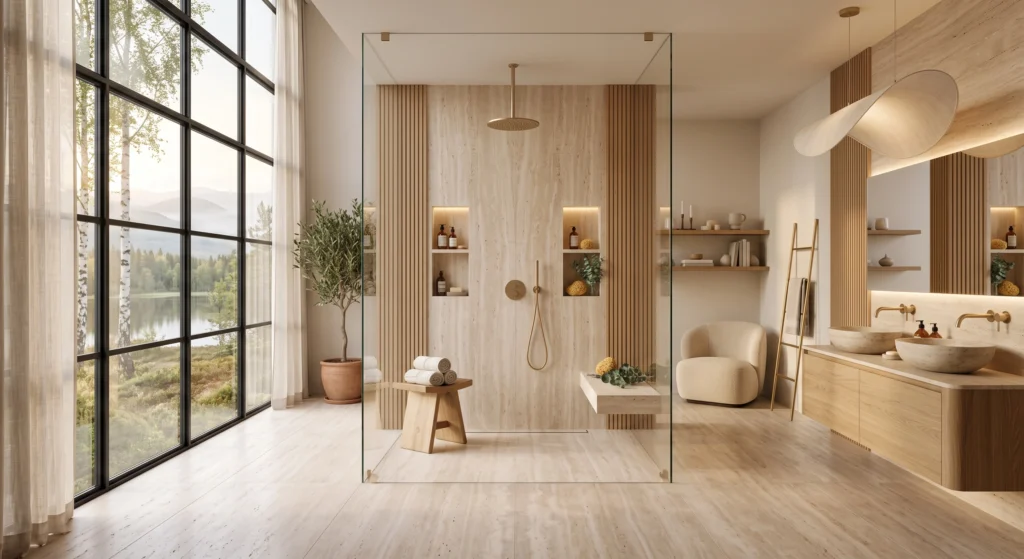 A breathtaking luxury Scandinavian bathroom featuring a seamless curbless walk-in shower enclosed by a single frameless glass panel. Oversized travertine walls and floors flow continuously throughout the space, while warm oak cabinetry, brushed brass fixtures, soft linen curtains, and abundant natural daylight create an elegant Nordic spa retreat overlooking a tranquil birch forest.