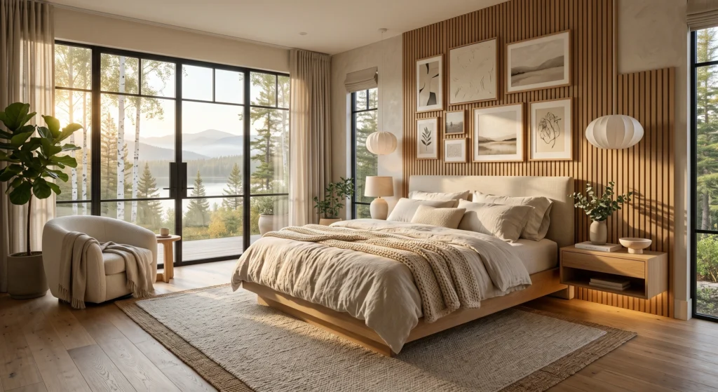A sophisticated Scandinavian bedroom featuring naturally wrinkled stone-washed linen bedding with relaxed organic folds, premium solid oak bed, oversized linen headboard, neutral bedding palette, handcrafted Nordic wall art, soft morning light, cozy hygge atmosphere, and effortless boutique hotel elegance.