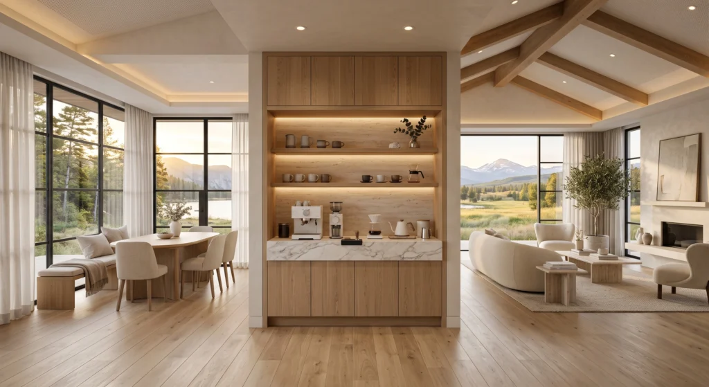 A bright Scandinavian kitchen featuring a dedicated coffee corner tucked neatly into one side of a European white oak countertop. A premium minimalist espresso machine, handcrafted ceramic coffee canister, two neutral stoneware mugs, and a light oak serving tray create a calm and intentional coffee station. Floor-to-ceiling windows flood the room with warm Nordic morning light while soft linen curtains, an olive tree, and clean architectural lines complete the quiet luxury atmosphere.