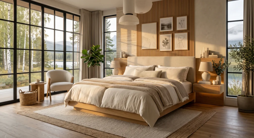 A breathtaking Scandinavian bedroom showcasing two matching Belgian linen duvets folded back elegantly with luxury hotel styling, chunky knit throw across the center, handcrafted oak bed, oversized Scandinavian gallery wall, soft neutral bedding, warm architectural lighting, and panoramic Nordic landscape views.