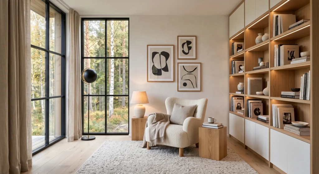 A bright Scandinavian reading corner showcasing a light oak and matte white bookshelf filled with neutral-colored books, handcrafted ceramics, linen décor, and elegant minimalist styling bathed in warm morning light.