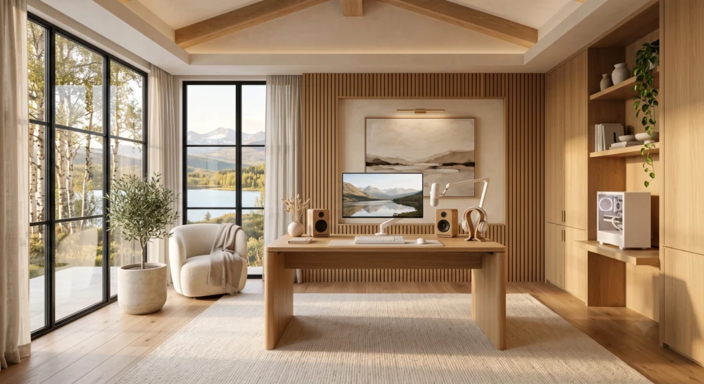 A sophisticated Scandinavian gaming workstation showcasing flawless hidden cable management. Every cable disappears beneath a handcrafted oak desk through concealed cable trays and integrated raceways, leaving only clean surfaces and floating technology visible. The organized setup highlights Scandinavian simplicity with premium natural materials and architectural precision.