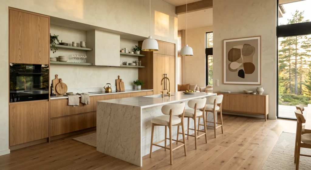 A bright Scandinavian kitchen with stylish sage green open shelves displaying handcrafted ceramics, glass jars, trailing plants, warm oak cabinetry, oversized wall art, and modern Nordic décor.