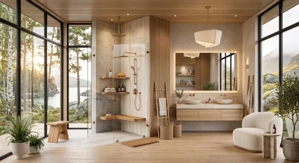 A luxury Scandinavian shower combining oversized natural limestone walls with a handcrafted teak shower bench, floating oak vanity, travertine flooring, stone vessel sinks, woven baskets, linen towels, and lush greenery. Warm sunlight highlights the beautiful contrast between natural wood and stone, creating an authentic Nordic spa atmosphere.