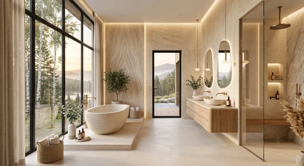 A luxurious Scandinavian master bathroom featuring book-matched travertine walls, limestone flooring, carved stone sinks, a freestanding bathtub, floating oak vanity, and organic textures inspired by Nordic nature.