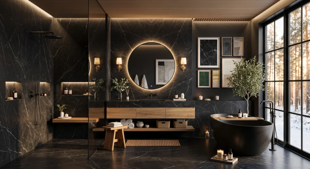 Premium black marble, natural stone textures, warm oak cabinetry, and minimalist Scandinavian styling create an elegant luxury bathroom with timeless appeal.