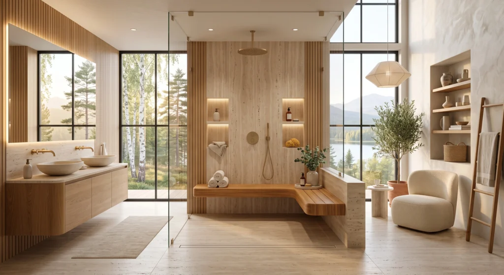 A luxury Scandinavian shower featuring a handcrafted floating teak shower bench positioned beneath a rainfall shower. The bench is styled with rolled linen towels, artisan ceramic accessories, eucalyptus stems, and natural stone décor, creating an inviting Nordic wellness retreat with warm wood textures and elegant travertine walls.