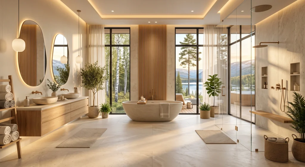 A premium Scandinavian master bathroom with seamless heated limestone flooring, a luxurious freestanding soaking tub, floating oak vanity, spa-inspired shower, soft ambient lighting, and warm natural textures designed for ultimate comfort.
