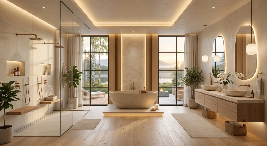 A warm Scandinavian spa bathroom illuminated with layered lighting including pendant lights, backlit mirrors, hidden LED strips, artisan candles, and soft architectural lighting that creates a relaxing Nordic atmosphere.