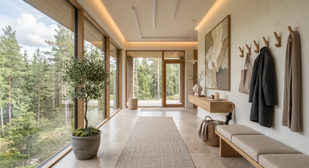 A luxury Scandinavian foyer with minimalist oak and matte black wall hooks displaying a cream wool coat and linen tote bag, floating console, oversized mirror, warm neutral walls, premium oak flooring, stylish Nordic organization.