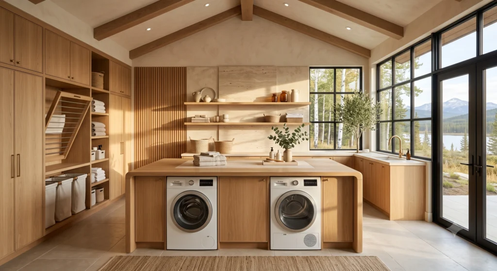 A modern Scandinavian laundry room featuring a premium oak and travertine countertop installed above integrated front-loading washer and dryer units, creating a spacious folding station. Warm neutral colors, handcrafted cabinetry, and soft natural light combine to create a practical yet luxurious Nordic workspace.