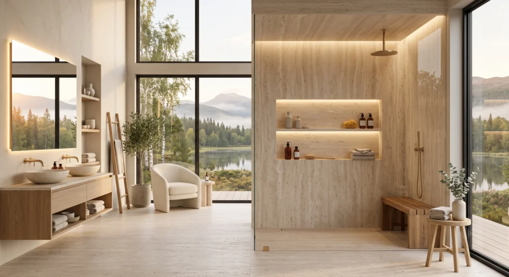 A sophisticated Scandinavian walk-in shower with a beautifully integrated recessed shower niche illuminated by soft LED lighting. The seamless niche is finished in matching travertine stone and styled with artisan ceramic bottles, folded linen towels, eucalyptus branches, amber glass containers, and luxury spa accessories arranged with minimalist elegance.
