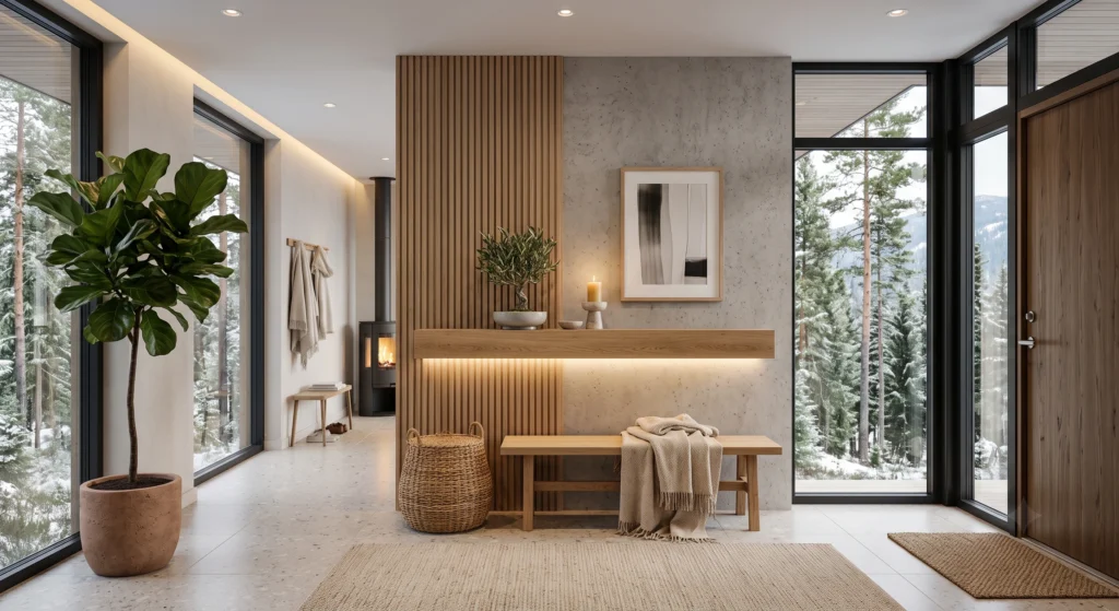 A luxury Nordic foyer showcasing a handcrafted floating oak shelf styled with a ceramic olive tree planter, sculptural candle holder, minimalist artwork, oversized mirror, cream neutral palette, premium Scandinavian styling.