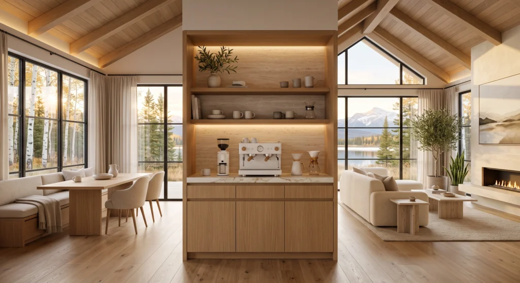 A premium Scandinavian coffee station showcasing a sleek designer espresso machine as the centrepiece of the space. Surrounded by Italian travertine, European white oak cabinetry, handcrafted ceramics, and elegant marble countertops, the coffee maker becomes both a functional appliance and a sculptural design statement in a luxury Nordic kitchen.