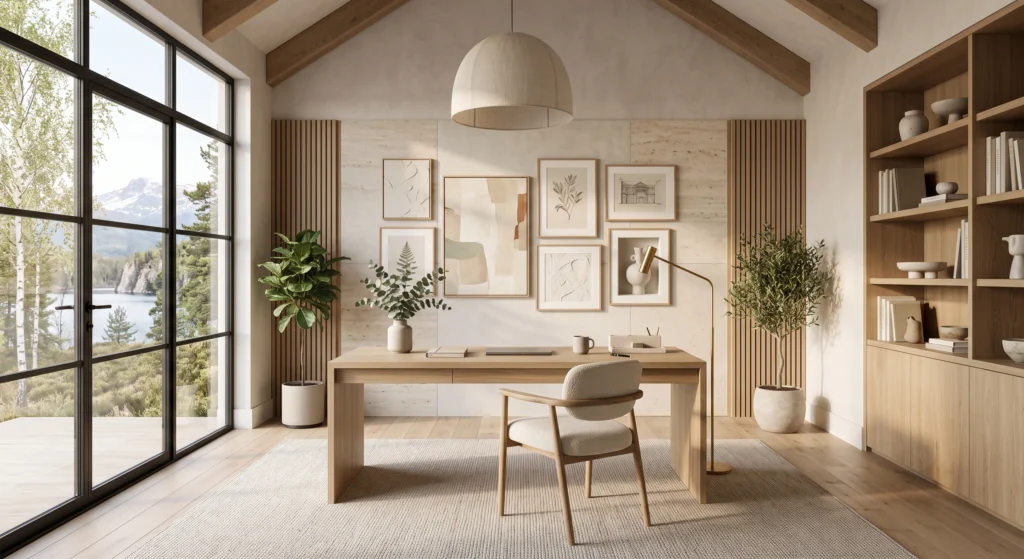 This luxury Scandinavian study room embraces a soothing palette of warm whites, soft greige, creamy beige, pale stone, and muted sage green to create a calm environment that supports deep concentration. Handcrafted oak furniture, textured limewash walls, natural travertine, and oversized abstract wall art blend harmoniously with subtle terracotta accents, allowing every material and texture to shine without visual distraction. The refined neutral palette creates an elegant atmosphere of timeless Nordic serenity.