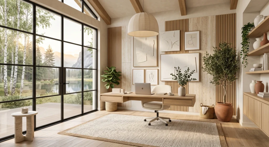 A sophisticated Scandinavian home office designed with a calming palette of warm white, soft greige, oatmeal, limestone beige, natural oak, muted sage green, and brushed champagne brass. Clean minimalist architecture, handcrafted European white oak furniture, textured limewash walls, and museum-style artwork create a peaceful Nordic workspace that encourages focus and mindfulness.