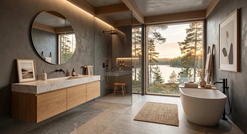 A perfectly styled Nordic bathroom featuring clean countertops, hidden storage, handcrafted accessories, and minimalist Scandinavian elegance.