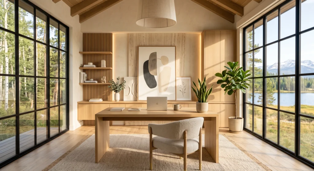 A beautifully organized Scandinavian study room showcases the power of intentional minimalism with a clean floating oak desk displaying only a laptop, notebook, fountain pen, ceramic coffee mug, and a single snake plant. Hidden cable management, concealed storage drawers, and minimalist floating shelving eliminate visual clutter while allowing generous negative space to define the room. Warm natural light, museum-quality wall art, handcrafted materials, and refined Nordic styling create a workspace where simplicity encourages focus, clarity, and productivity.