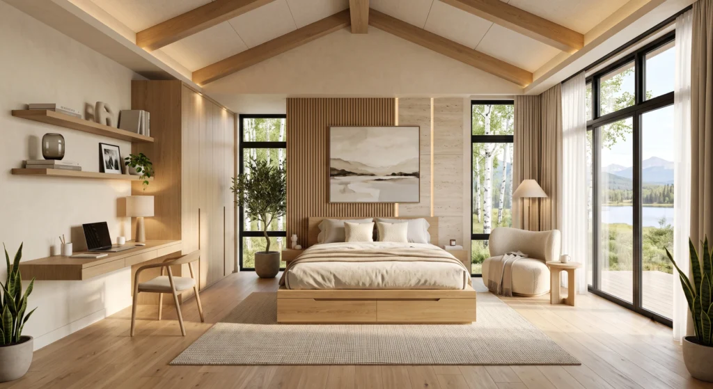 A luxurious Scandinavian teen bedroom embracing minimalist living with generous open space, carefully edited décor, and only essential furnishings. A floating oak platform bed, clean study desk, curated shelving, hidden storage, and a few meaningful decorative pieces create a peaceful environment where natural light, handcrafted materials, and beautiful architecture become the focus. The room feels spacious, calm, organized, and effortlessly stylish through intentional simplicity.