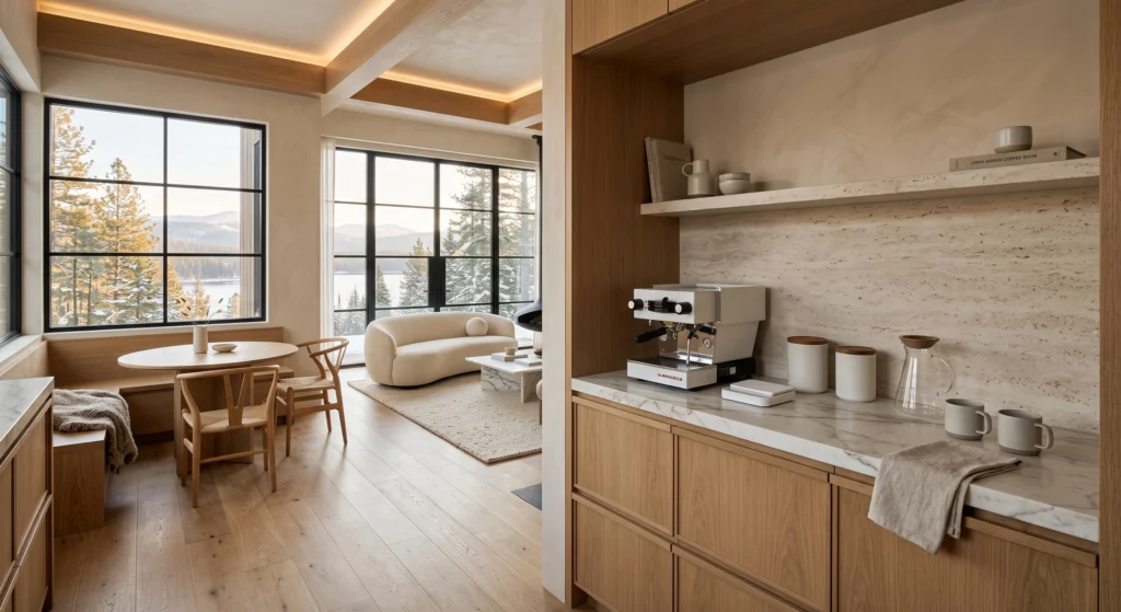 A beautifully minimalist Scandinavian coffee station demonstrating the 30% Rule, featuring only the daily essentials a premium espresso machine, ceramic coffee bean jar, two matching mugs, a sugar bowl, and a brass coffee spoon. Expansive marble countertops and generous negative space create a calm, uncluttered Nordic morning ritual.