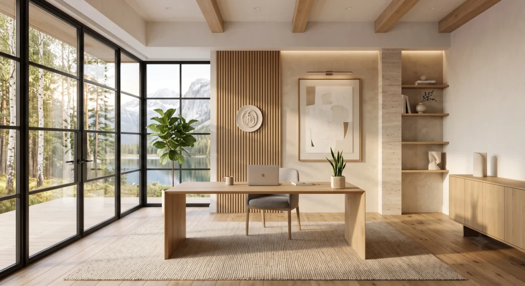 A beautifully organized Scandinavian home office demonstrating the famous 30% Rule, featuring a pristine European white oak desk styled with only a laptop, linen notebook, brass pen, ceramic coffee mug, and a single potted plant. Hidden storage, concealed cables, floating shelves, museum-quality wall art, warm natural materials, and abundant daylight create a clean, distraction-free Nordic workspace that promotes clarity, focus, and effortless productivity.
