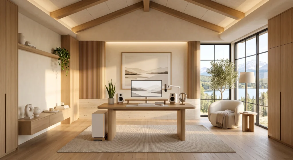 A serene Scandinavian gaming room emphasizing intentional minimalism with spacious surfaces, uncluttered furniture, and carefully curated décor. Only essential gaming equipment, a few handcrafted accessories, and one indoor plant remain visible, allowing the architecture, natural light, and premium materials to create a peaceful, distraction-free gaming environment.