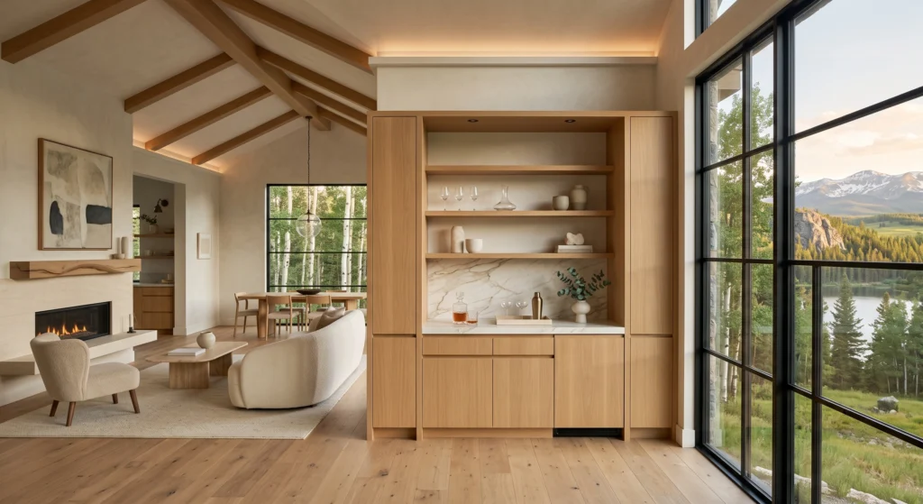 A quiet luxury Scandinavian home bar styled with exceptional restraint, featuring only a crystal decanter, two coupe glasses, one ceramic vase with eucalyptus, and a travertine serving tray displayed on a spacious Calacatta marble countertop. Floating oak shelves hold a few carefully selected objects surrounded by abundant empty space, emphasizing the Scandinavian "less is more" philosophy. The surrounding lounge, fireplace, dining area, and panoramic windows reinforce the calm, uncluttered atmosphere.
