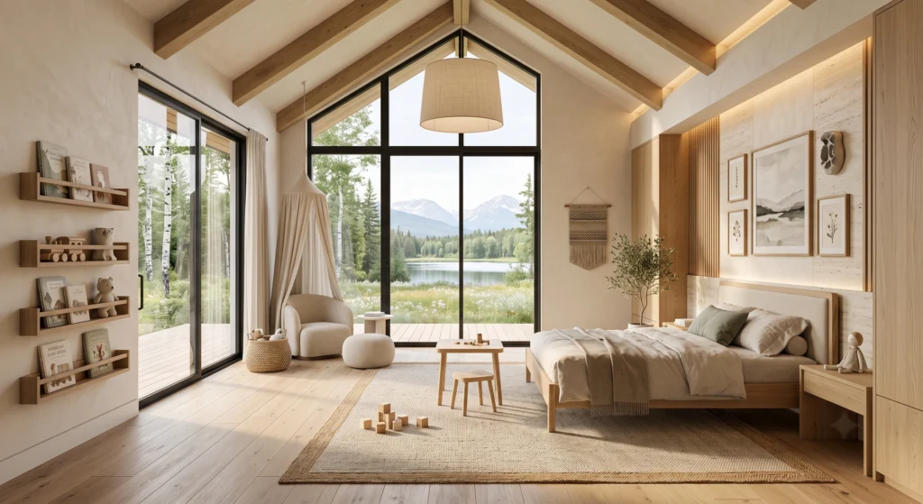 A calm Scandinavian kids' room styled with intentional simplicity, featuring only a carefully curated selection of wooden toys, favorite books, and meaningful décor. Spacious surfaces, clean architectural lines, neutral tones, and hidden storage create an airy environment that encourages creativity, focus, restful sleep, and clutter-free family living.