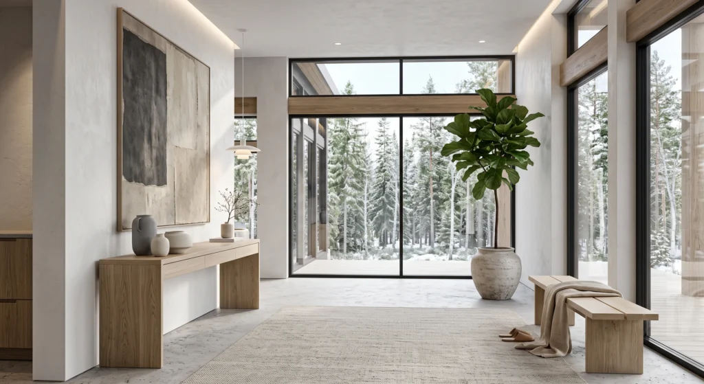 A serene Scandinavian foyer designed with intentional negative space, floating oak console, oversized mirror, single abstract artwork, cream wool runner, handcrafted ceramics, one olive tree, warm oak flooring, airy luxury Nordic minimalism with Architectural Digest styling.