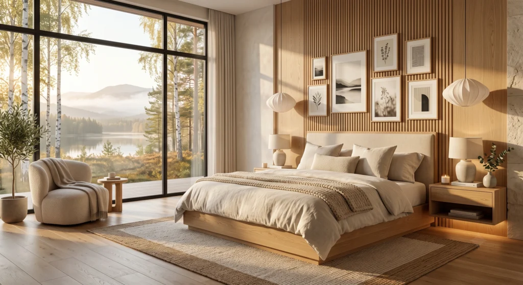 A minimalist luxury Scandinavian bedroom featuring a beautifully curated oak platform bed with simple layered Belgian linen bedding, only a few carefully selected pillows, one chunky knit throw, generous negative space, museum-quality Scandinavian wall art, warm natural materials, panoramic forest views, and calm boutique hotel styling.