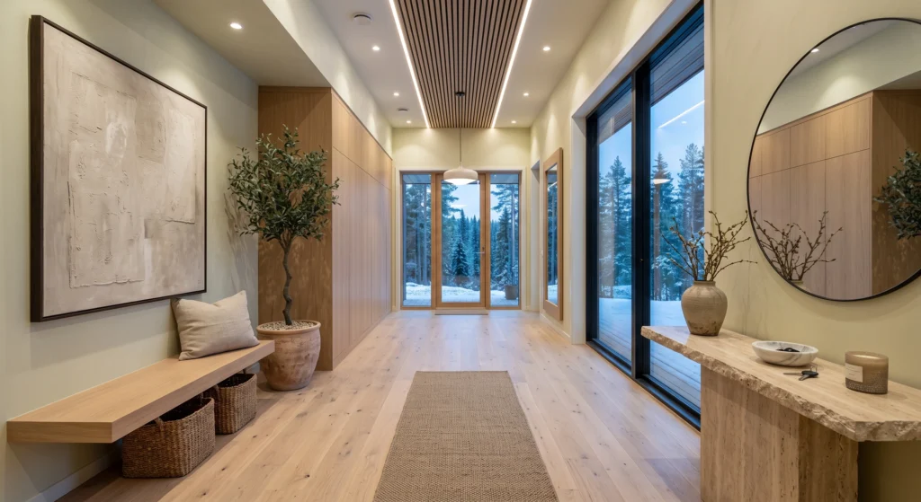A calm Scandinavian foyer with perfectly clean surfaces, floating oak console, hidden storage, oversized mirror, one ceramic vase, one candle, cream linen bench, warm natural lighting, minimal luxury interior.