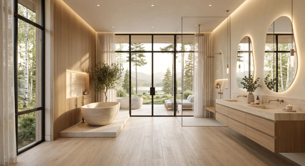 A minimalist Scandinavian bathroom with clutter-free floating countertops, hidden storage, one ceramic soap dispenser, a eucalyptus vase, artisan candle, floating oak vanity, and elegant spa-inspired simplicity.