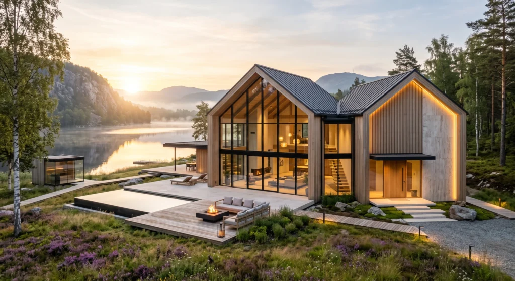 A spectacular modern Scandinavian residence showcasing massive floor-to-ceiling black steel-framed windows, oversized sliding glass doors, and elegant skylights that flood the home with natural light. The warm timber façade, limestone walls, panoramic lake views, soaring ceilings, and seamless indoor-outdoor connection create a bright, airy Nordic luxury home surrounded by birch forests and pine trees.
