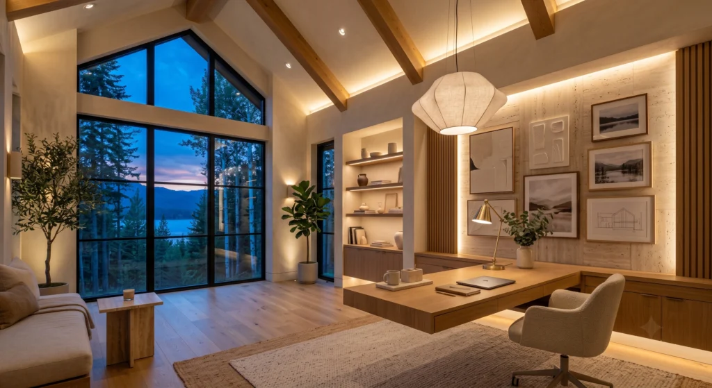 A cozy Scandinavian home office illuminated by beautifully layered 2700K warm lighting, featuring a sculptural brass task lamp, Belgian linen floor lamp, hidden LED cove lighting, and soft wall-wash illumination across a textured travertine feature wall. The warm glow creates an inviting Nordic workspace perfect for productive evenings and peaceful late-night creativity.