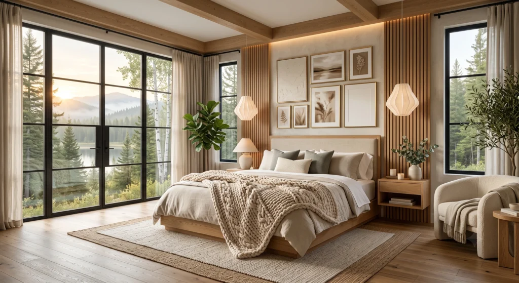 A luxury Scandinavian bedroom centered around a king-size oak bed layered with oversized Belgian linen bedding, a chunky merino wool knit throw casually draped across the foot of the bed, lightweight linen quilt, cozy textured pillows, warm neutral palette, Scandinavian wall art, and golden morning sunlight.
